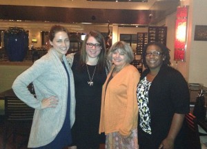 Bestselling YA novelist Cinda Williams Chima visited in the spring (pictured here with MFA writing students at dinner).